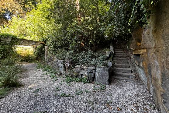 3543W 50 TV drama location house in West Yorkshire woodland stair case and bridge.JPG